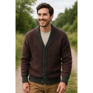 Vintage Slouchy V Nevk Cardigan Sweater Purple Gray Argyle Grandpa Sm Oversized